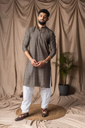 Designer Black Modal Silk Motif Kurta for Men with White Cotton Bottom