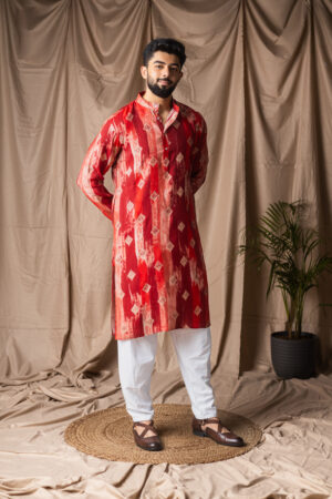 Traditional Red Modal Silk Kurta Pajama Set for Men with Motif Work