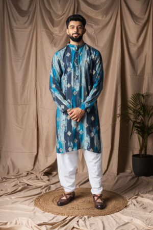 Festive Wear Blue Modal Silk Men’s Kurta with White Cotton Pajama