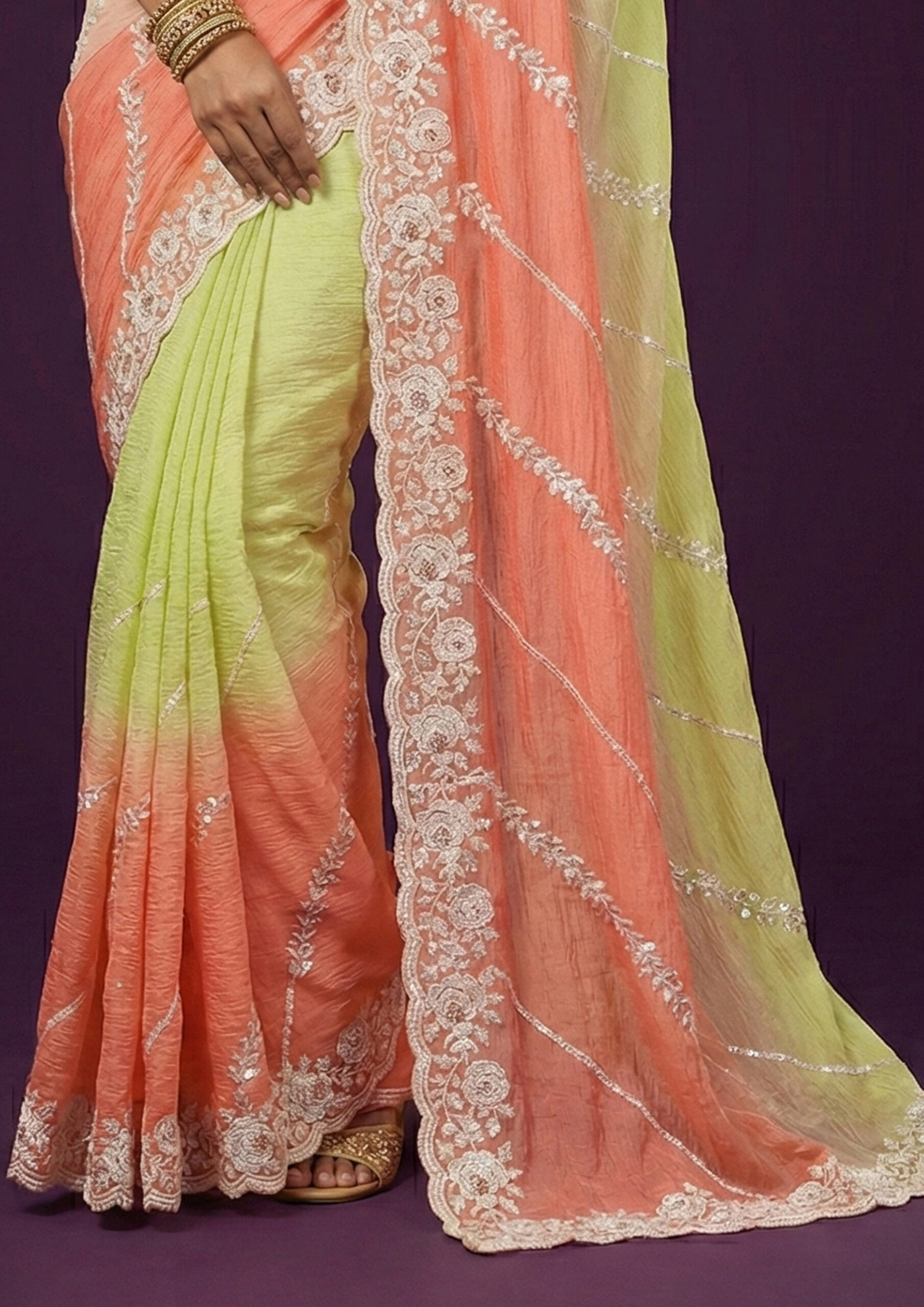 Elegant Crush Paper Silk Satin Party Wear Saree with Sequins Embroidery & Beads Work - Image 4