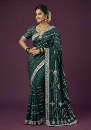 Premium Satin Silk Party Wear Saree with Aari Embroidery, Pearl & Stone Embellishment