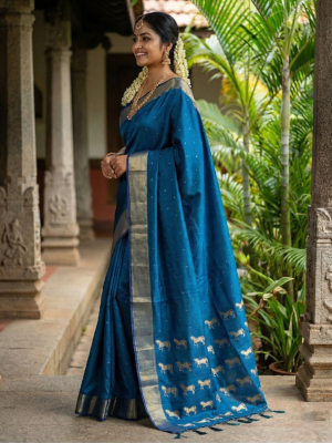 Classic Royal Blue Soft Silk Plain Saree with Zari Border & Matching Blouse