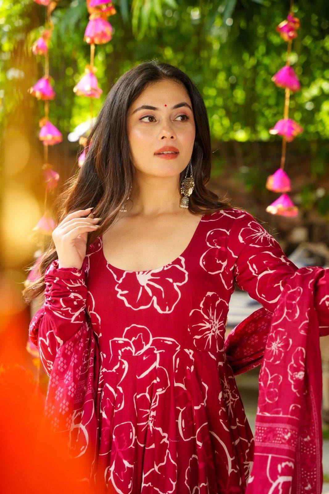 Dark Pink Rayon Printed Flared Anarkali Kurti Set - Image 5