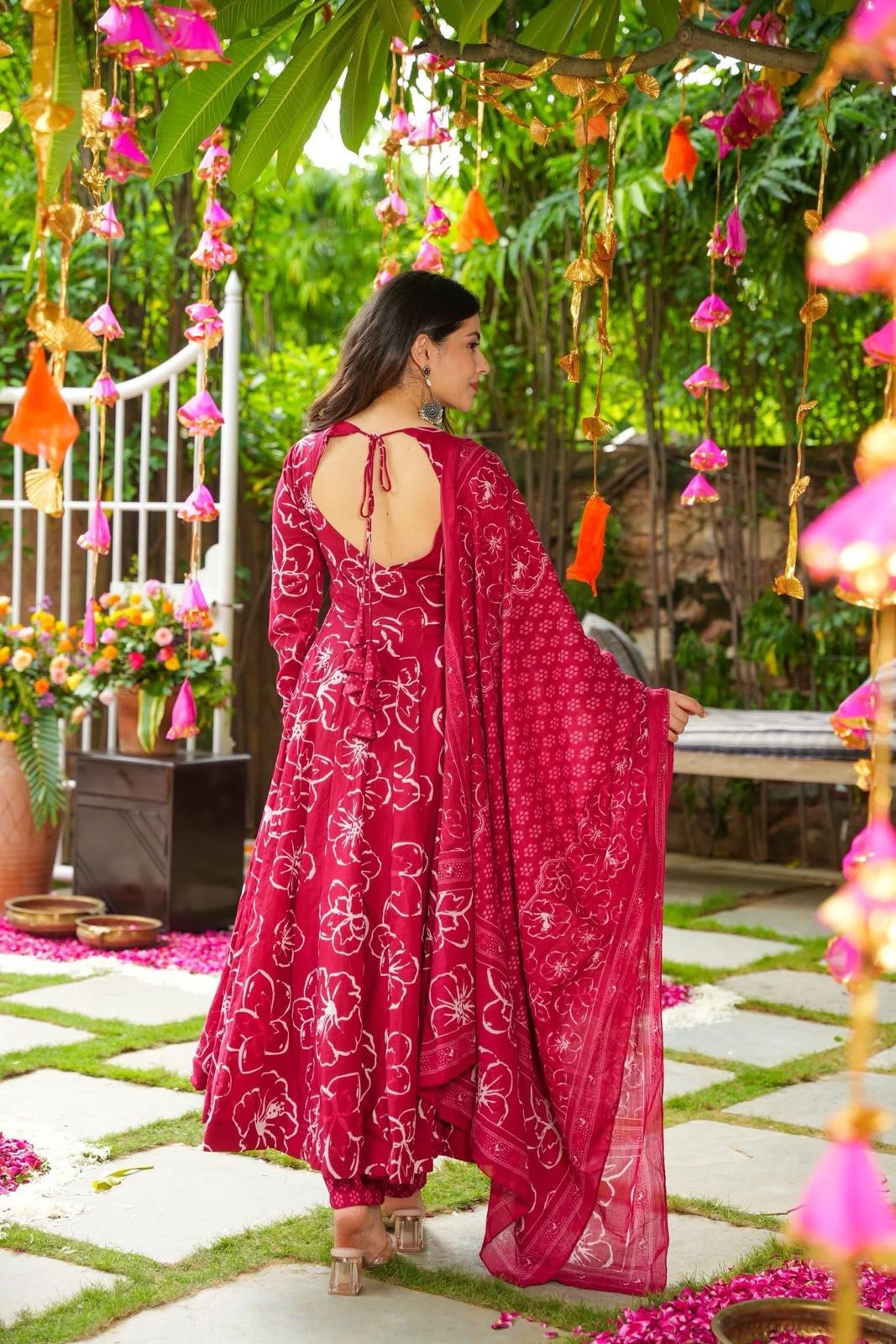 Dark Pink Rayon Printed Flared Anarkali Kurti Set - Image 4
