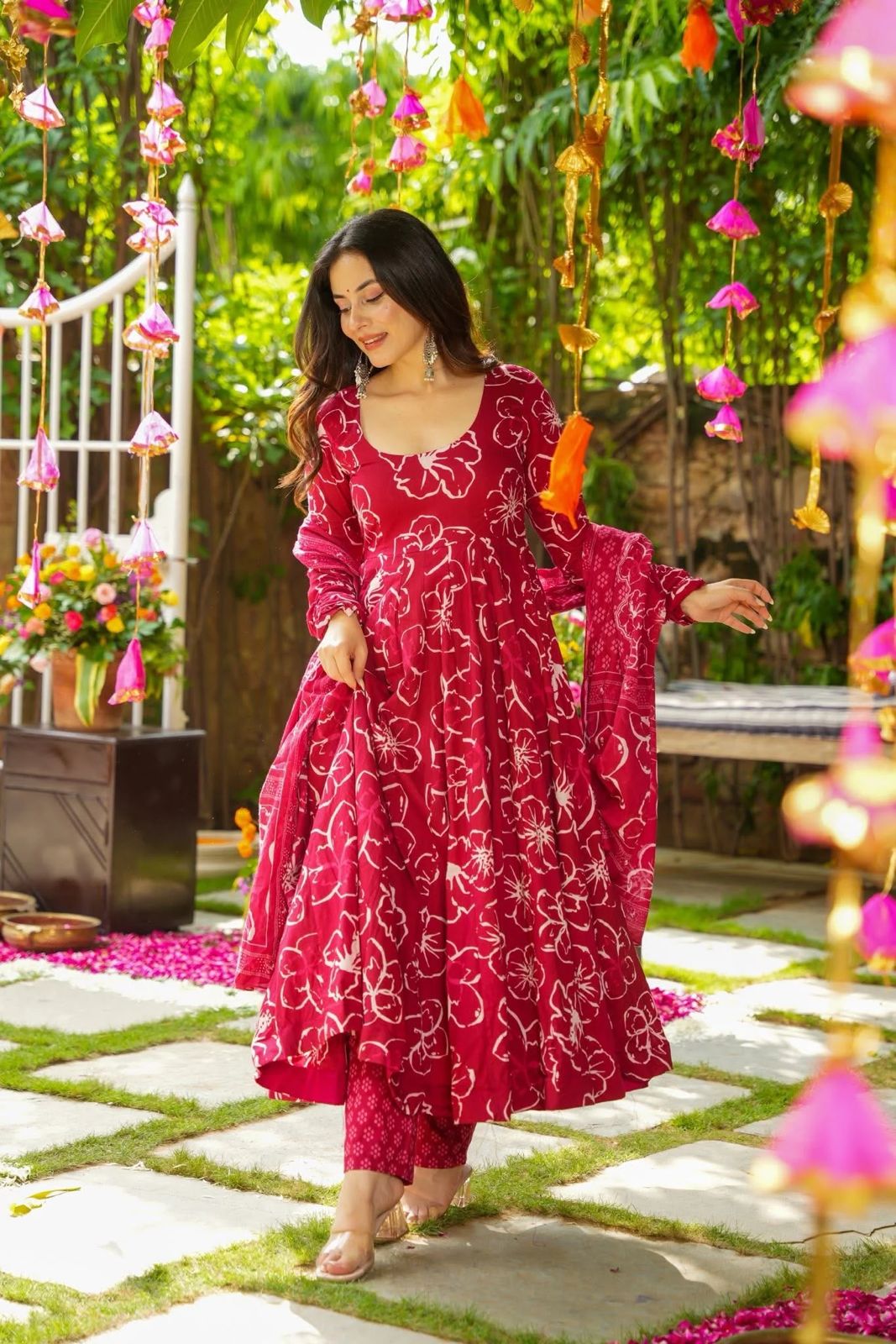 Dark Pink Rayon Printed Flared Anarkali Kurti Set - Image 2