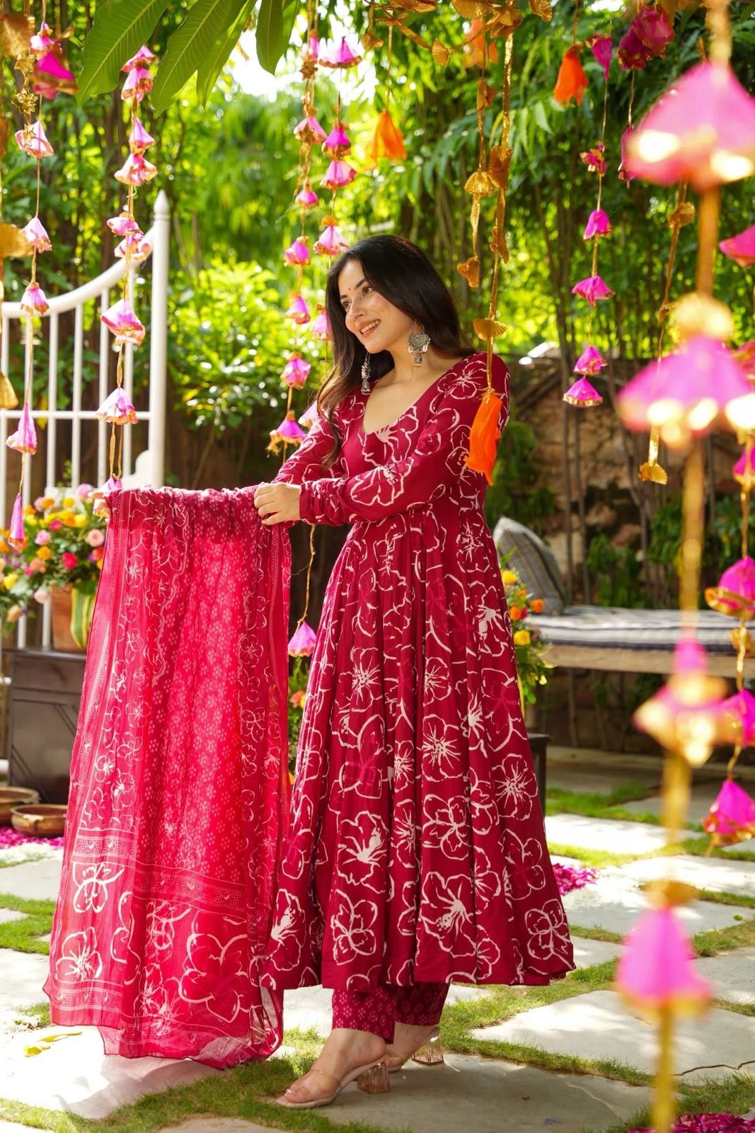 Dark Pink Rayon Printed Flared Anarkali Kurti Set