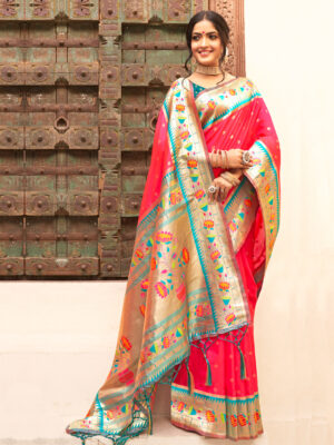 Traditional Paithani Pink Color Silk Blend Saree with Silk Blouse For Festival & Wedding