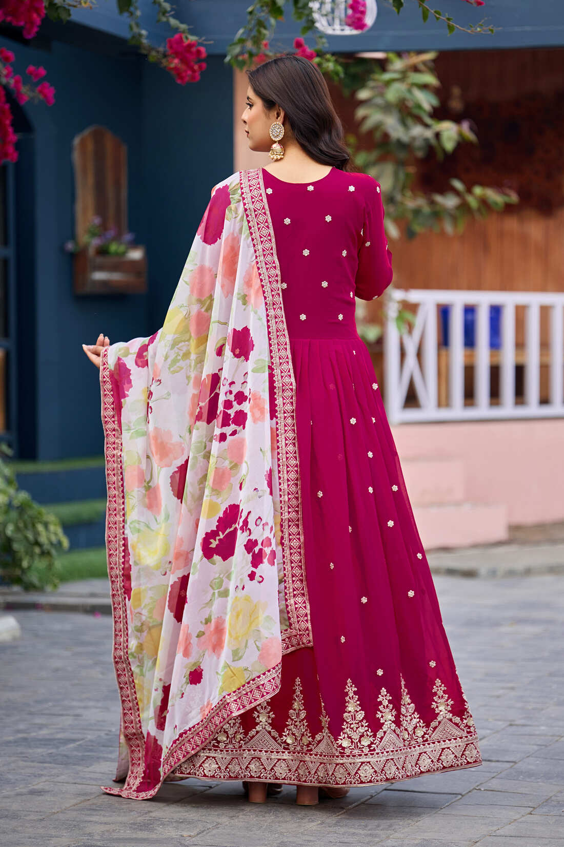 Elegant Faux Georgette Embroidered Gown with Soft Silk Print Dupatta - Image 3