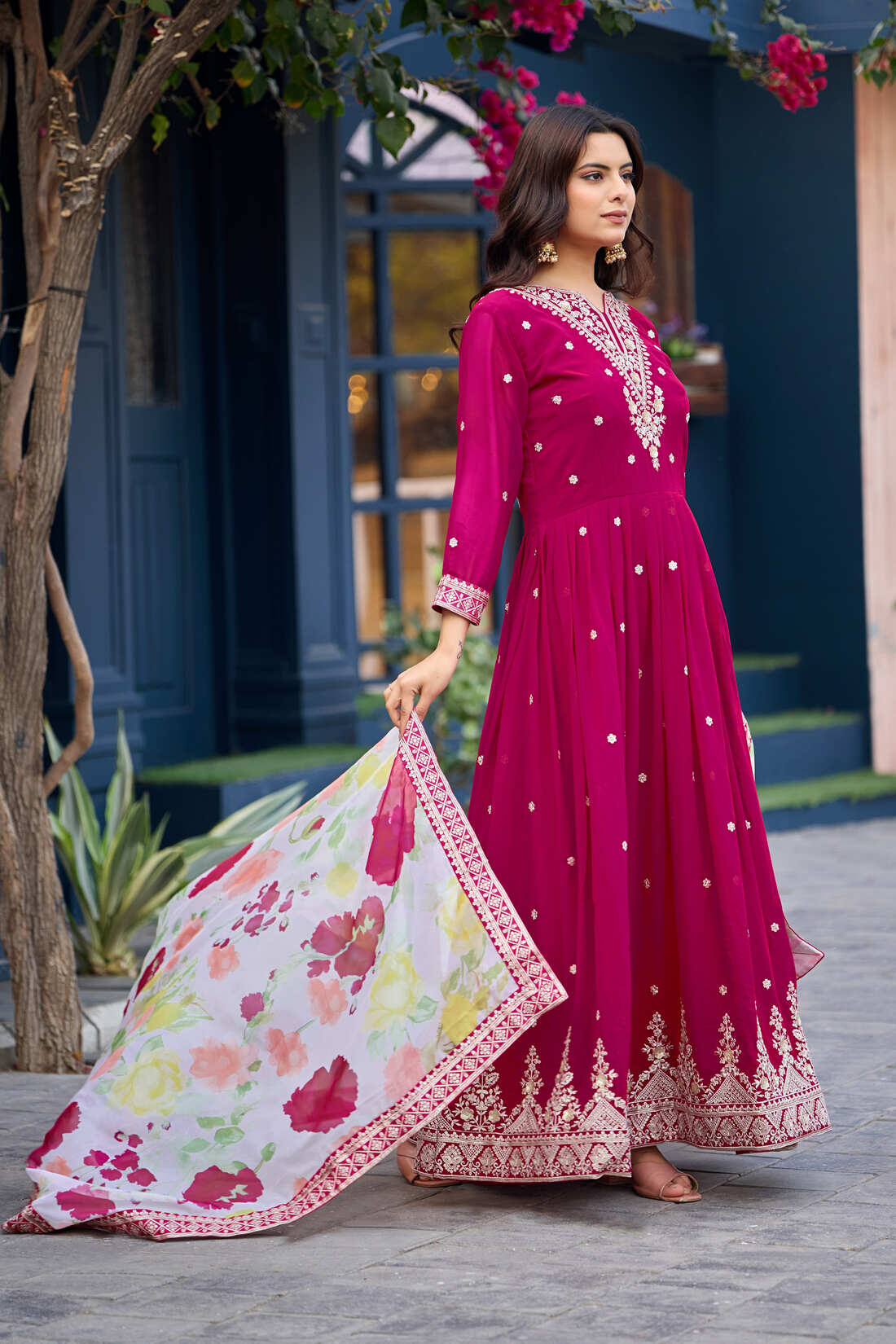 Elegant Faux Georgette Embroidered Gown with Soft Silk Print Dupatta