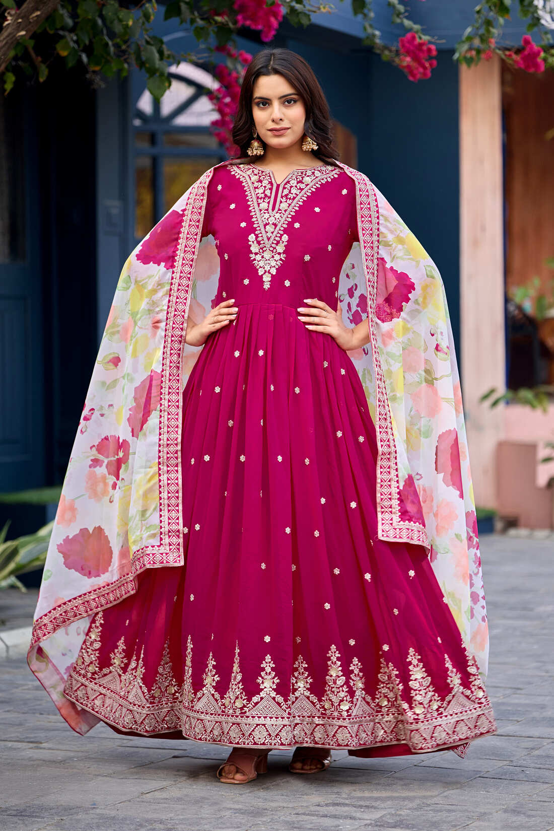 Elegant Faux Georgette Embroidered Gown with Soft Silk Print Dupatta - Image 2