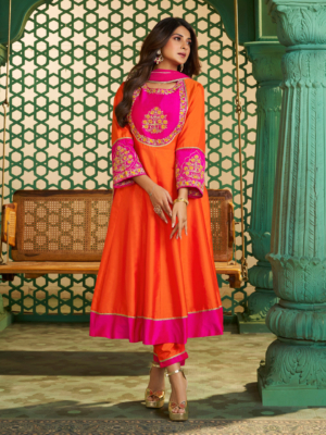 Women Embroidered Orange Color Anarkali Kurta Set with Dupatta