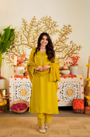 Elegance Pure Viscose Satin Embroidered Suit Set with Handwork & Organza Dupatta