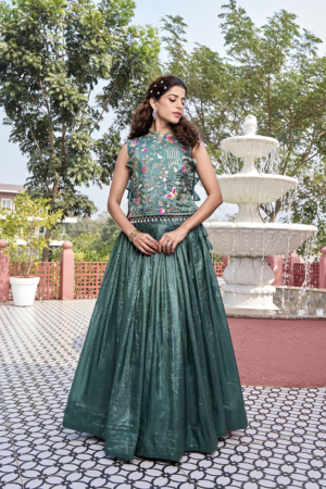 Teal Green Color Gold Crush Fabric Designer Lehenga Choli Set with Shrug