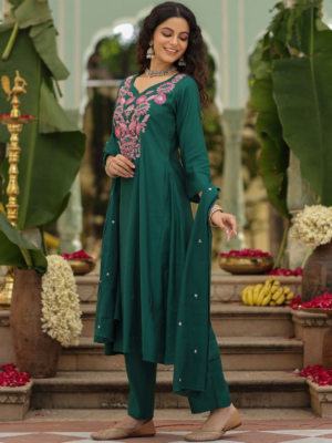 Premium Embroidered Viscose Rayon Kurta Set with Chanderi Gadhwal Dupatta For Festive