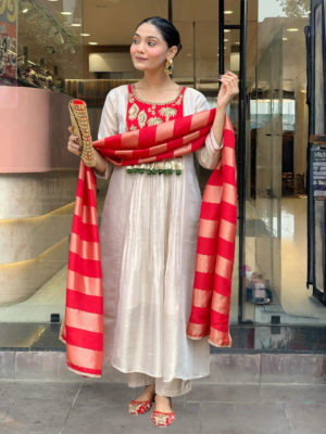 Party Wear Elegant Women's Silk Embroidered Flared Kurta Pant with Dupatta Set