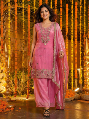 Pink Art Silk Fandy Palazzo Suit With Zari Embroidery, Sequins & Thread Work