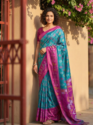 Traditional Sky Blue Pochampalli Saree With Pink Blouse Piece