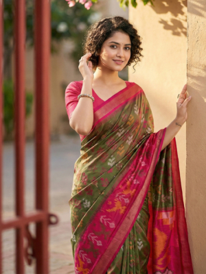 Premium Olive Green Pochampalli Silk Saree With blouse for Festive & Wedding Wear