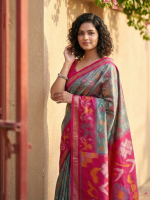 Classic Grey Ikkat Inspired Silk Blend Saree with Traditional Zari Weaving