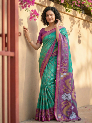 Elegant Rama Green Silk Blend Saree with Ikkat Design & Zari Border