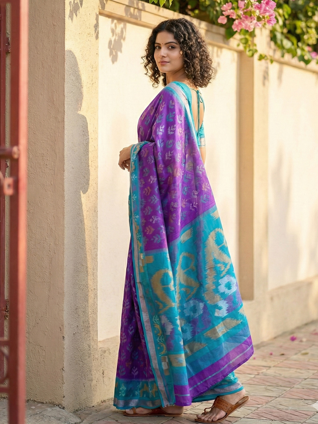 Designer Violet Ikkat Style Silk Blend Saree with Rich Zari Work - Image 2