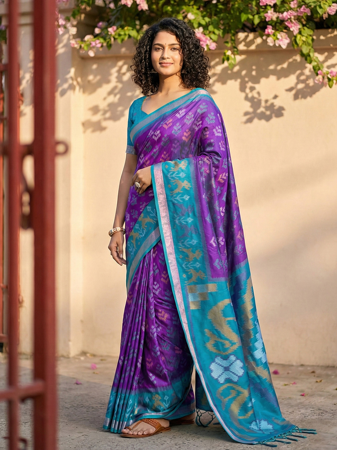 Designer Violet Ikkat Style Silk Blend Saree with Rich Zari Work
