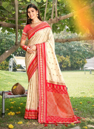 Premium Soft Silk Cream Color Saree with Silk Blouse For Traditional Wear