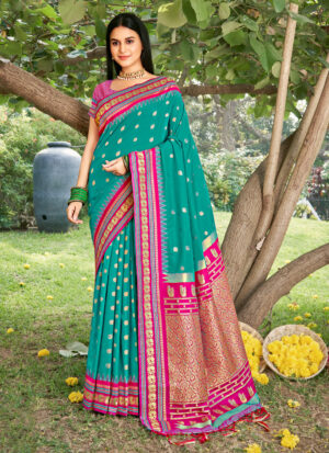 Elegant Soft Silk Sea Green Color Saree with Matching Silk Blouse for Festive & Wedding Wear