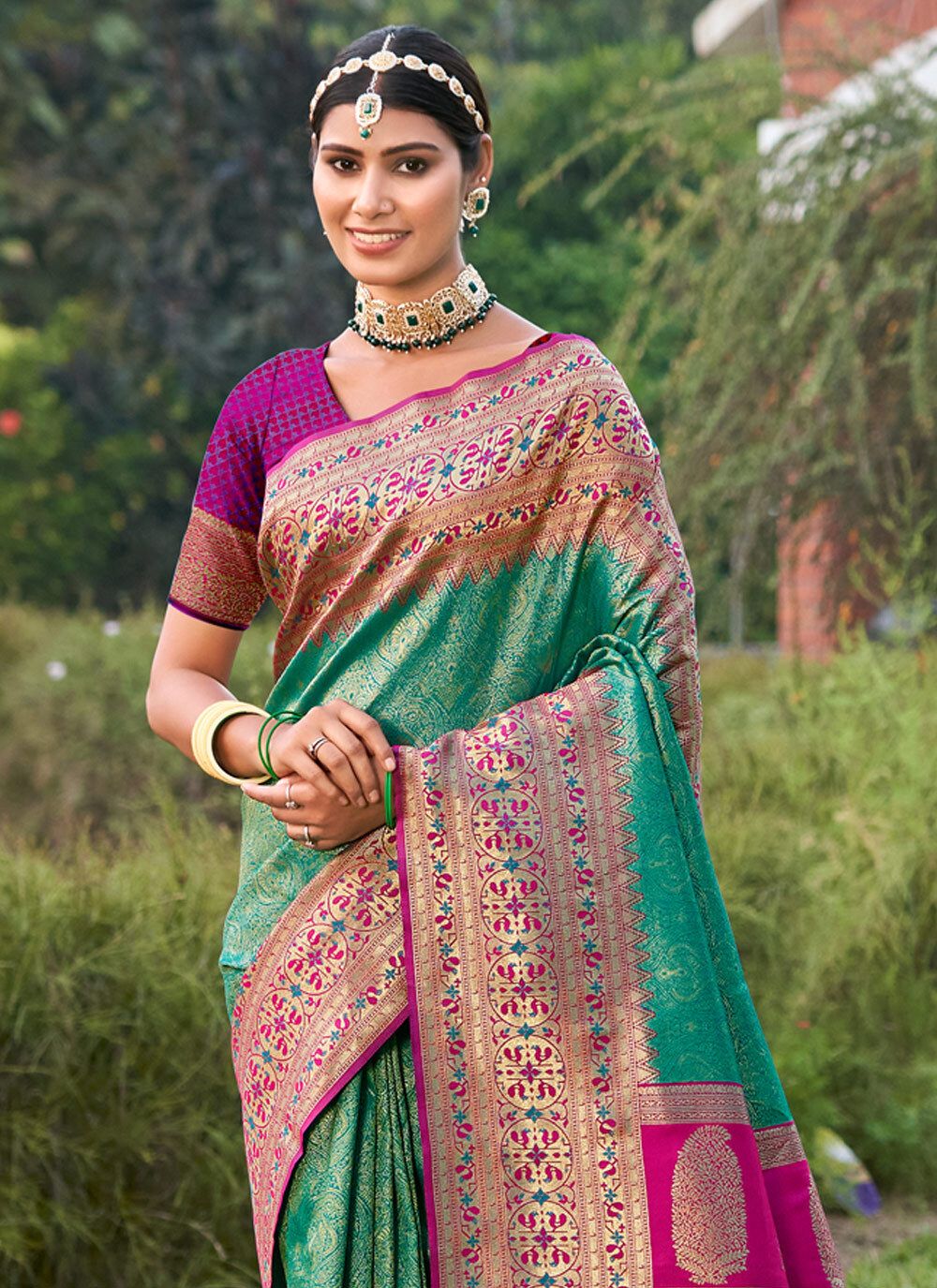 Premium Banarasi Rama Green Silk Saree with Banarasi Silk Blouse For Wedding & Festive Wear - Image 3