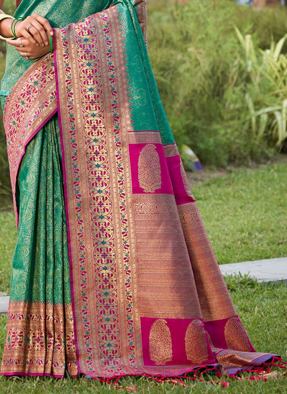 Premium Banarasi Rama Green Silk Saree with Banarasi Silk Blouse For Wedding & Festive Wear - Image 2