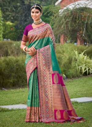 Premium Banarasi Rama Green Silk Saree with Banarasi Silk Blouse For Wedding & Festive Wear