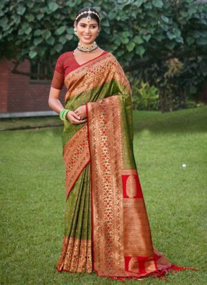 Classic Banarasi Mehandi Golden Color Silk Saree with Matching Banarasi Silk Blouse For Women