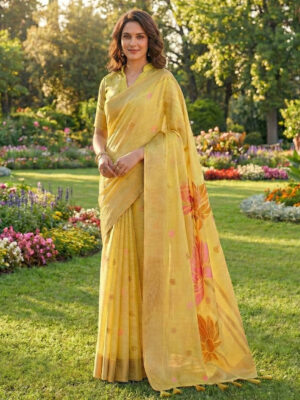 Lemon Yellow Cotton Linen Designer Saree for Women