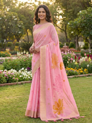 Rose Pink Cotton Linen Designer Saree for Women