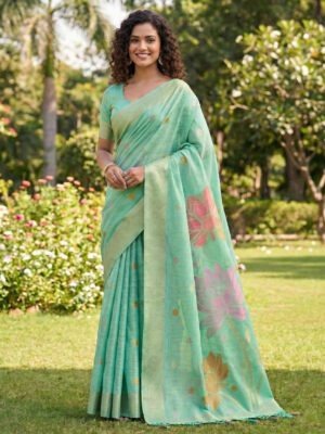 Turquoise Green Cotton Linen Partywear Saree for Women