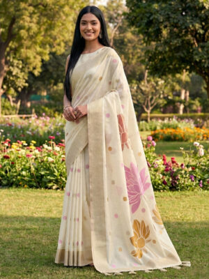 White Cotton Linen Partywear Saree for Women