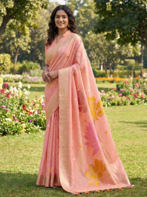 Peach Cotton Linen Partywear Saree for Women