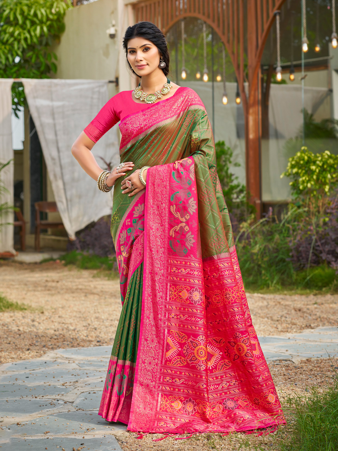 Traditional Mehandi Pochampalli Silk Saree with Pure Silk Blouse