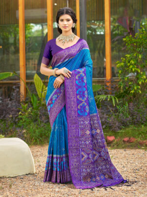 Classic Blue Pochampally Silk Saree with Authentic Ikkat Design