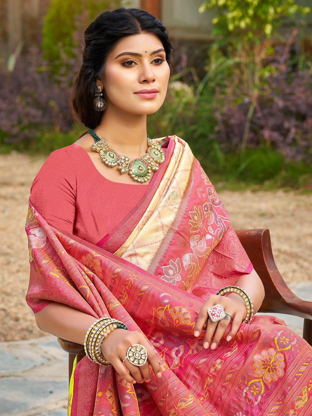 Premium Cream Color Pochampalli Silk Saree with Coordinated Silk Blouse - Image 4