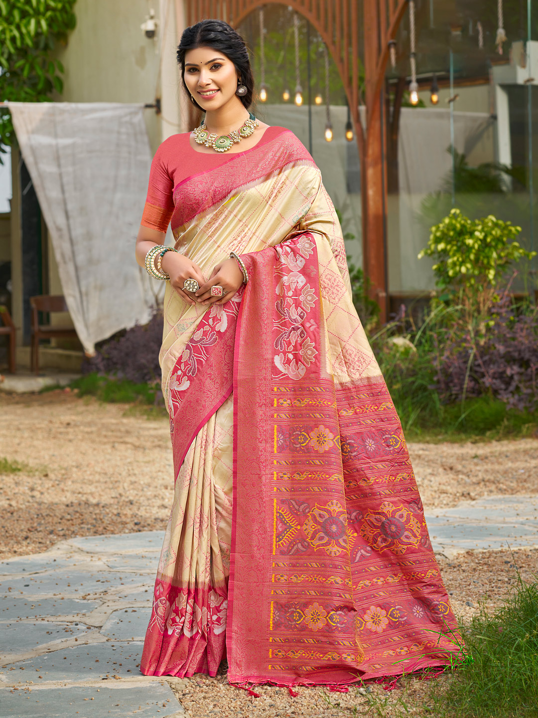Premium Cream Color Pochampalli Silk Saree with Coordinated Silk Blouse