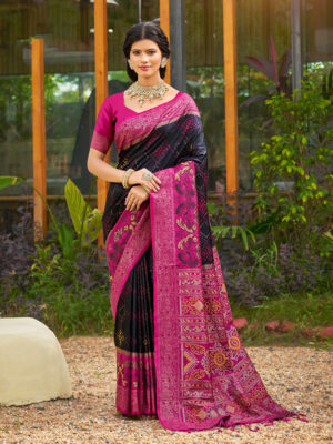 Designer Black Color Pochampalli Silk Saree for Women with Silk Blouse