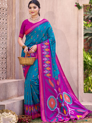 Sea Green Pochampalli Silk Saree with Matching Pochampalli Silk Blouse