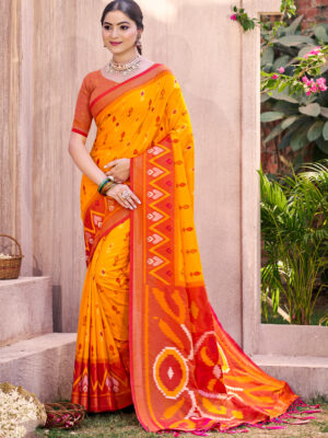 Handwoven Yellow Pochampalli Silk Saree with Traditional Blouse