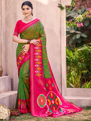 Mehandi Color Pochampalli Silk Saree with Matching Pochampalli Silk Blouse