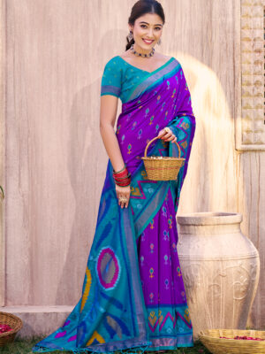 Purple Color Pochampalli Silk Saree with Matching Pochampalli Silk Blouse