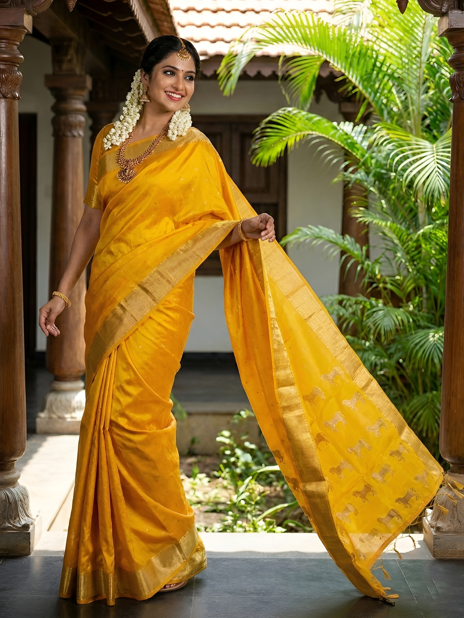 Classic Gold Soft Silk Plain Saree with Zari Border & Matching Blouse - Image 3