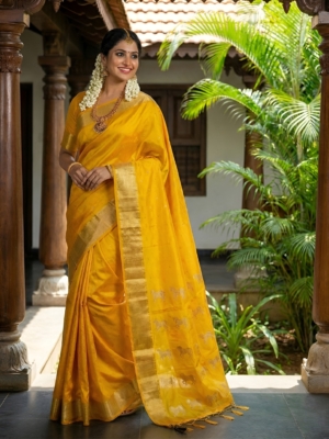 Classic Gold Soft Silk Plain Saree with Zari Border & Matching Blouse