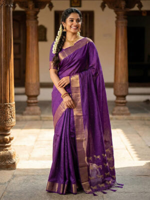Elegant Violet Soft Silk Saree with Zari Border for Women