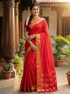 Elegant Red Soft Silk Saree with Zari Border for Women